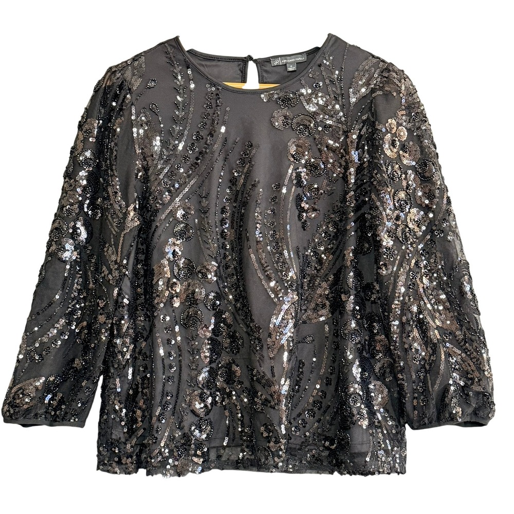Adrianna Papell‎ Black Sequin Embellished Illusion Sleeve Womens M Party Formal